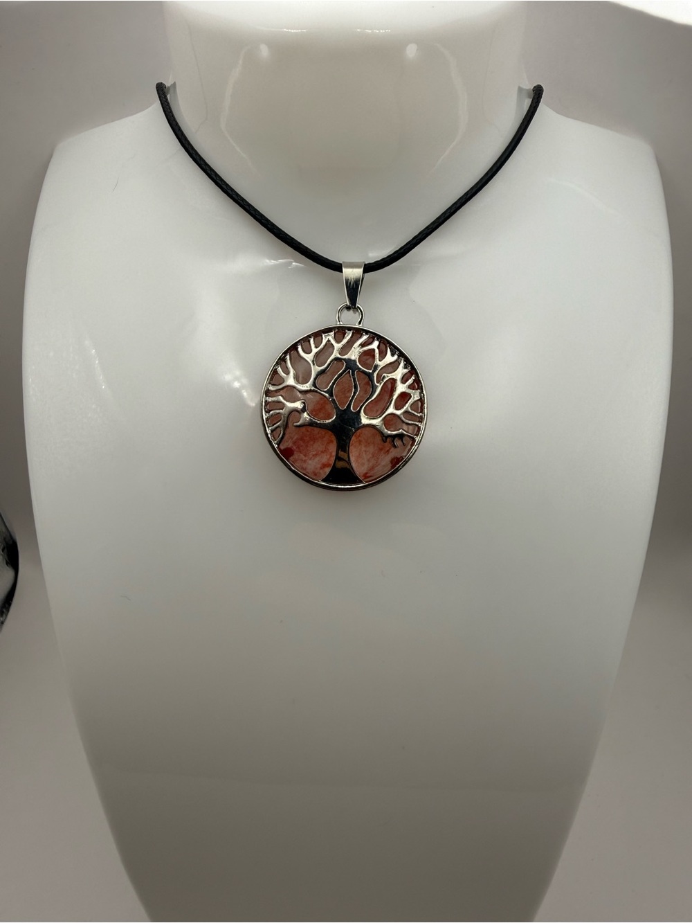 Tree of Life Pendant with Silver-Toned Alloy Bezel and Red  Stone Black Cord